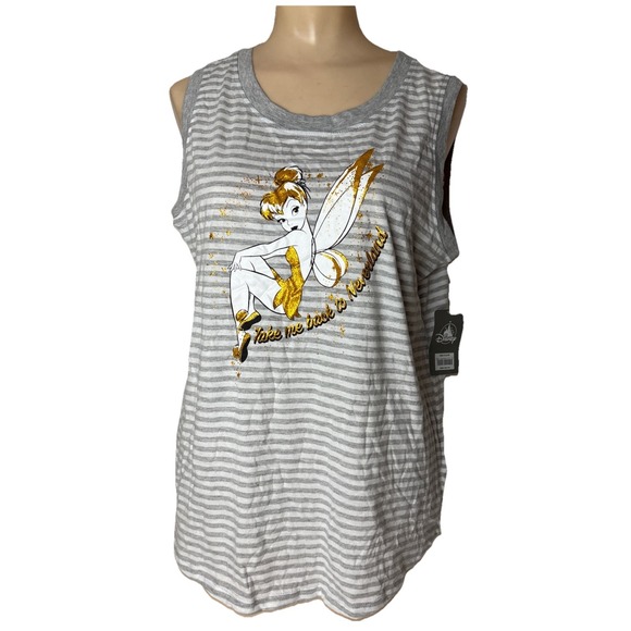 Disney Parks Tinkerbell Disney Tank Top L Striped Take me back to Neverland New - Picture 1 of 13